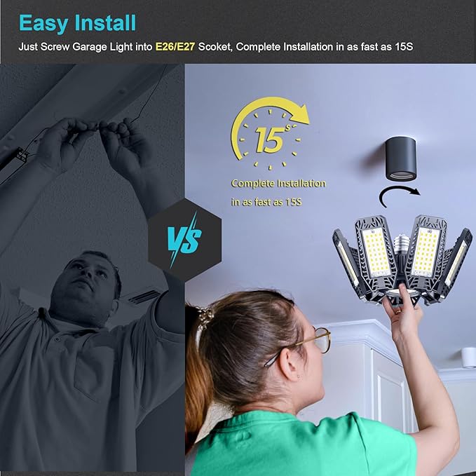 CHENGCHILIT LED Garage Light 4 Pack - 200w 20000LM 6500K Garage Lights Ceiling LED with 7+1 Adjustable Panels, Shop Lights Screw in E26 E27 Bulb Socket for Workshop, Storage Room, Basement, Warehouse
