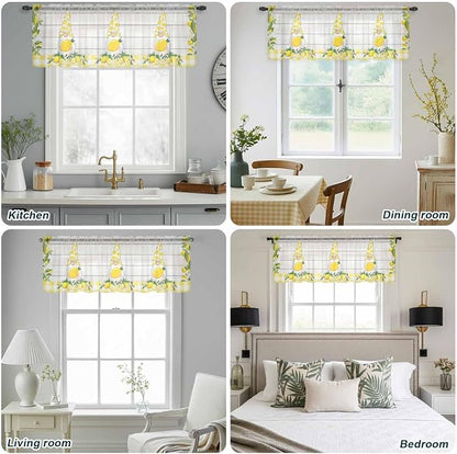 Lemon Dwarfs Sheer Valance Curtains, Gnome Green Leaf Wood Striped Yellow Plaid - Image 9