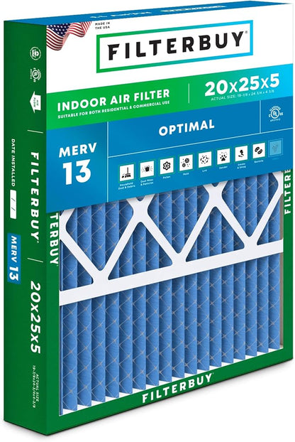 Filterbuy 20x25x5 Air Filter MERV 13 Optimal Smoke & Allergy Defense, Pleated by Filterbuy