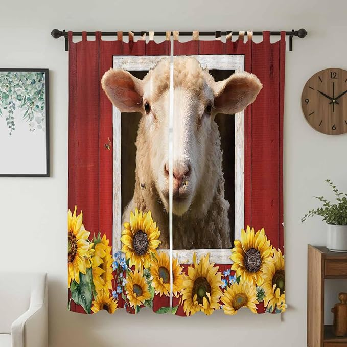 Sheep Sunflower Living Room Curtains 96 Inch Length, Window Curtains Tab Top - Image 2