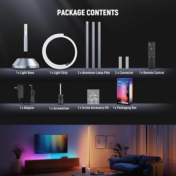 NEEWER Smart RGBW Floor Lamp, 1500lm LED Standing Corner Light Compatible with Alexa Google, APP Control/AI DIY/Music Sync/16 Million Colors, Ambience Lighting for Bedroom Living Room Home Decor, NF01