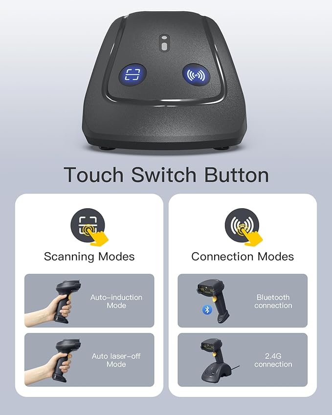 Inateck Wireless Barcode Scanner, 1D/2D QR Code Scanner with Smart Base, Bluetooth/2.4G/USB 3-in-1 Connectivity, Compatible with Windows/iOS/Android/Mac/Linux for Retail/Warehouse/Logistics