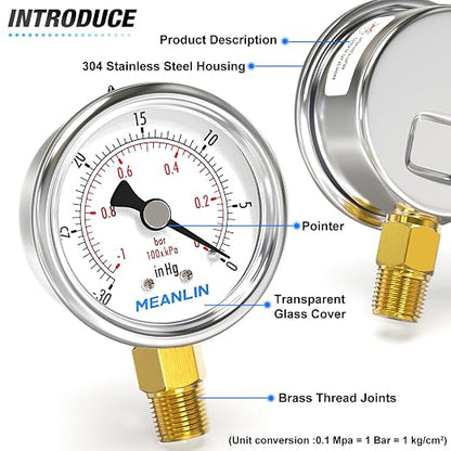 MEANLIN MEASURE -30inHG~0Psi Vacuum Gauge Stainless Steel 1/4" NPT 2" FACE DIAL - Image 4