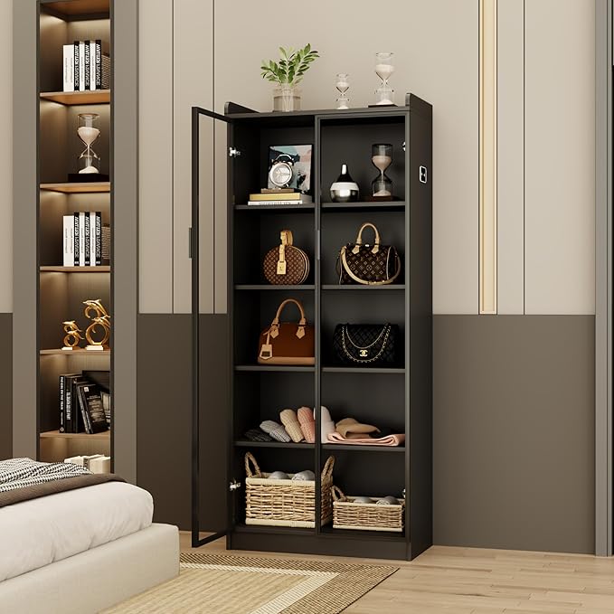 Dystler Display Cabinet with Adjustable Shelves, 65" Tall Bookcase with LED Lights/Human Sensor, 5 Tier Display Case for Collectibles Bedroom Living Room Office, Black - Transparent Acrylic Doors
