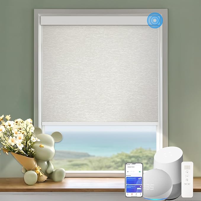 COOLWINDS Motorized Blinds with Remote Cordless Automatic Motorized Shades Custom Blinds for Windows Smart Curtains Compatible with Alexa Google Home(Blackout Jacquard Beige,W63 x H72in)