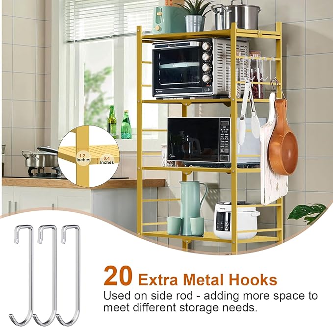 Storage Shelves with 20 Hooks, 5-Tier Foldable Shelves for Storage, Folding Shelf Unit Pantry Shelves with Wheels, Standing Shelving Unit for Kitchen Garage Home Office Room Greenhouse, Gold