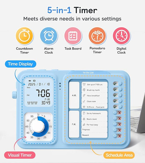 3-in-1 Visual Timer & ADHD Tool for Kids|Adults, Task Timer with Chore Chart Board, Visual Schedule for Kids with Autism, Daily Checklist for Home, School, Classroom, Desk (Blue)