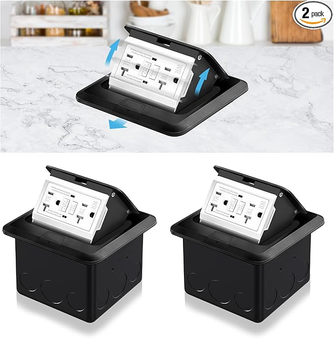 Vagueior Recessed Floor Electrical Outlet Kit,Waterproof Electrical Outlet Covcer Box,Hidden GFCI Outlet+20A Tamper-Resistant Receptacle Outlet with Slow Elastic Damping，ETL Certified，Black(2 Pack)