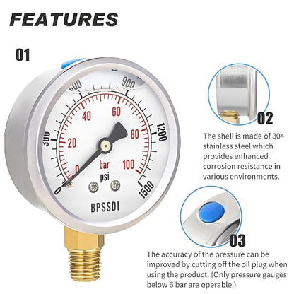 0-1500 Psi Glycerin Liquid Filled Hydraulic Pressure Gauge, 2.5" Dial Size - Image 4