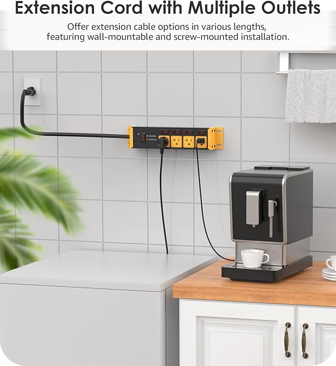 CCCEI Heavy Duty Surge Protector Power Strip 20 Amp Individual Switches. 15FT 12 Gauge Extension Cord with Multiple Outlets. Kitchen, Garage, Shop, Industrial Wall Mount Electric Extender, Yellow.