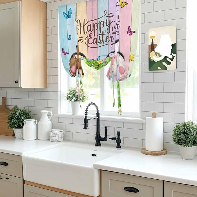 Tie Up Curtains, Happy Easter Rabbit Butt Egg on Daisy Leaf Adjustable Rod - Image 6