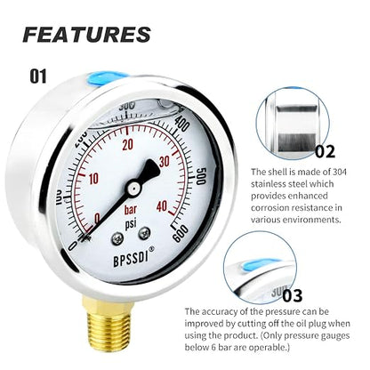 0-200 Psi Glycerin Liquid Filled Low Pressure Gauge, 2.5" Dial Size, 1/4" NPT - Image 5