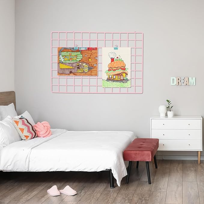 PATIKIL 8"x8" Wire Grid Panel, 2 Pack Board Photo Pictures Memo Display Grid Panels Hanging Organizer Wall Decorative Panel for Home Office Wedding, Pink