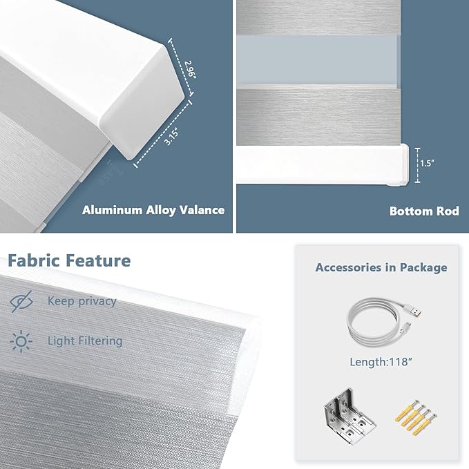 COOLWINDS Motorized Zebra Blinds for Windows Cordless Electric Curtains with Remote Control Blackout Shades Custom Smart Blinds Compatible with Alexa Google Home(Light Filtering Grey,W54 X 72in)