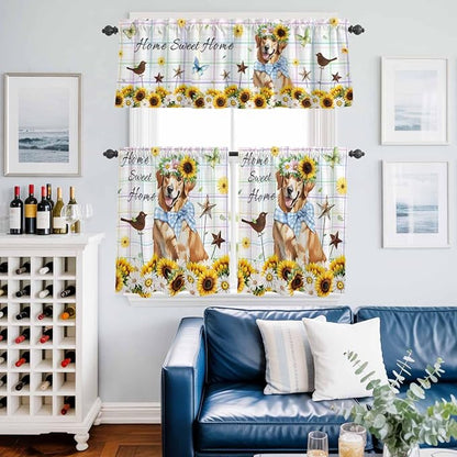 Kitchen Curtains Tiers and Valance Set of 3, Sunflowers Dog Light Filtering - Image 6