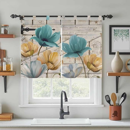 Watercolor Flowers Kitchen Curtains 45 Inch Length, Short Cafe Window Curtains - Image 3