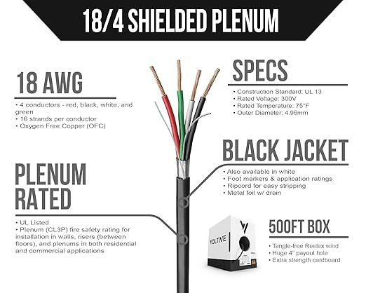 Voltive 18/4 Shielded Low Voltage Wire, Plenum CL3P, Black, 500ft - 18AWG, 4 Conductors, Overall Shield, Stranded Bare Copper, UL Listed - V-1264-2