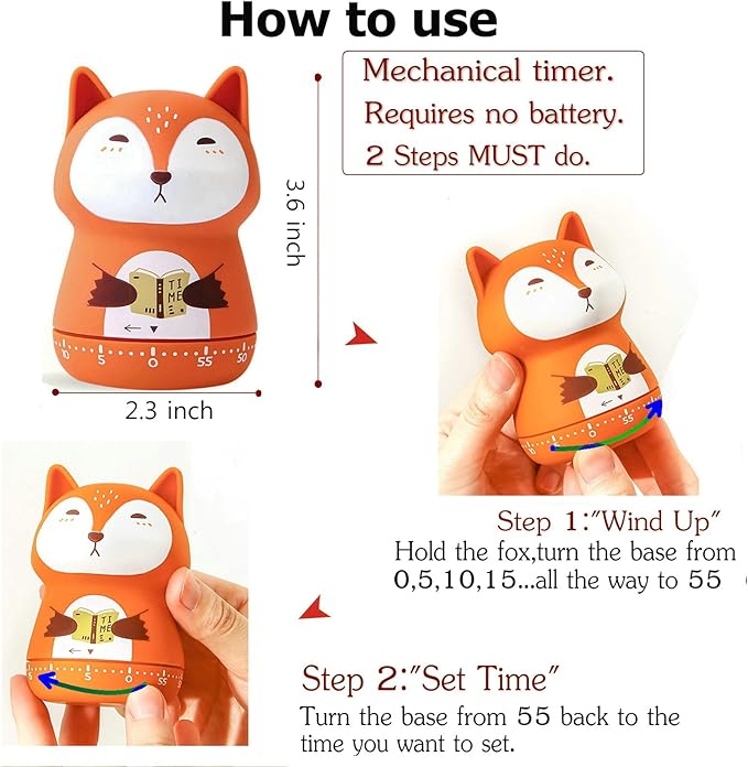 NUOSWEK Mechanical Kitchen Timer, Cute Animal Wind Up 60 Minutes Manual Countdown for Kids, Classroom, Home, Study and Cooking (Orange Fox)