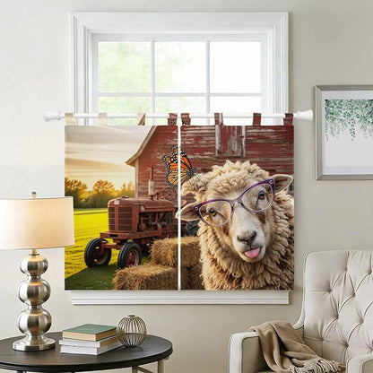 Farm Sheep Kitchen Curtains 45 Inch Length, Short Cafe Window Curtains Tab Top - Image 2