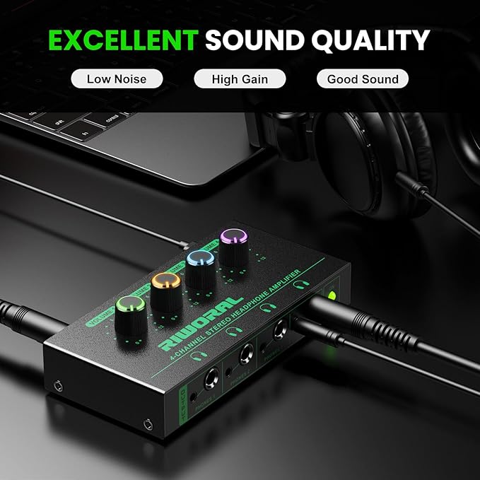 Riworal 4 Channels Headphone Amplifier with 3.5mm/6.35mm/ TRS Jack Input for Dj Mixer Amps Splitter with 8 Output Ports Separate Volume Control Output for Speaker Or Monitor Headphone