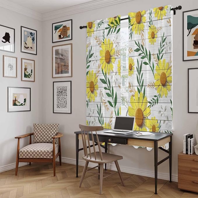 Yellow Daisy Kitchen Curtains, Farmhouse Country Flower Leaf Plant Wood Grain - Image 6