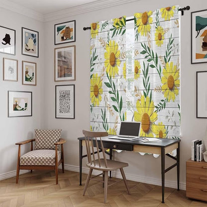 Yellow Daisy Kitchen Curtains, Farmhouse Country Flower Leaf Plant Wood Grain - Image 6