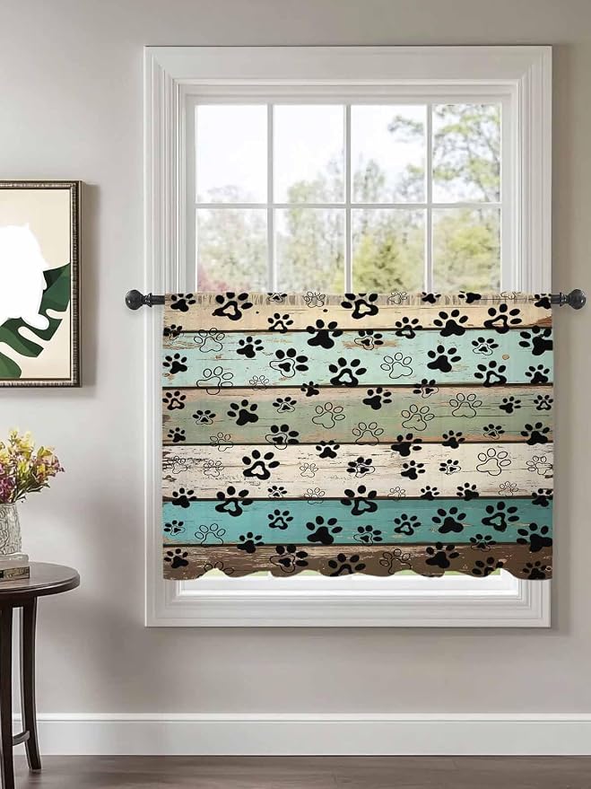 Sheer Curtains 54 Inch Length, Sage Green Brown Paw Prints Semi Sheer Curtains - Image 2