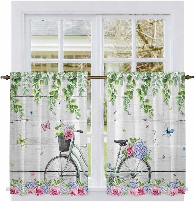 Spring Kitchen Curtains, Bicycles Botanical Rose Leaves Butterfly Wood Grain - Image 2
