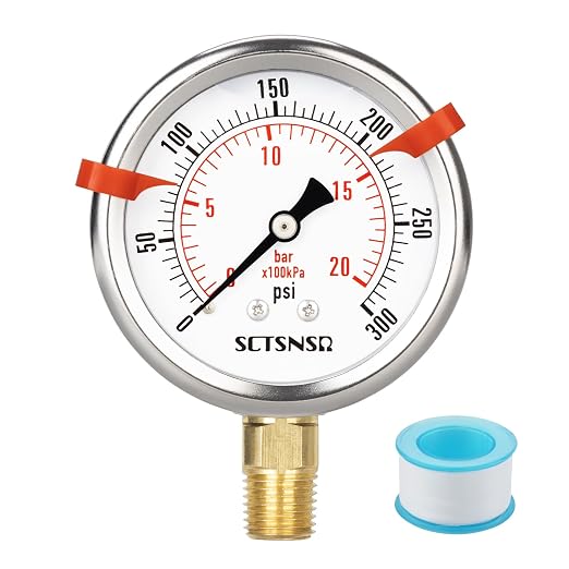 0 to 300 Psi Pressure Gauge, Glycerin Liquid Filled, 2.5 inch Dial, 1/4" NPT by SCTSNSR