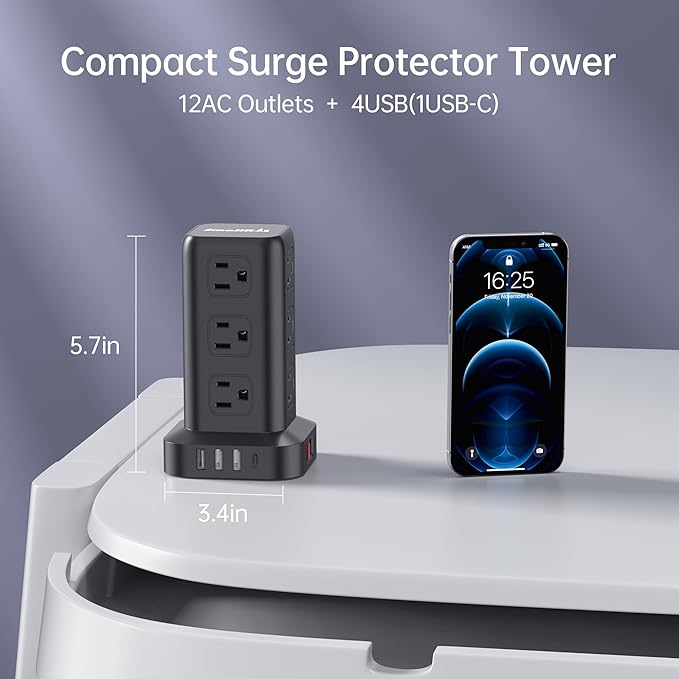 Surge Protector Power Strip Tower,10FT Extension Cord with Multiple Outlets, 12 AC 4 USB (1 USB C)，Mini Power Strip with USB Ports, Surge Protector Tower Overload Protection for Office, Desk