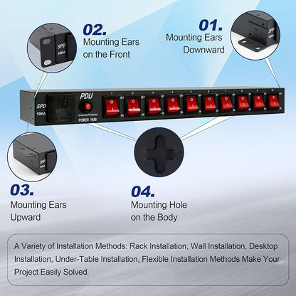 10 Outlets 1U Horizontal PDU Network Rackmount Power Strip - Image 4