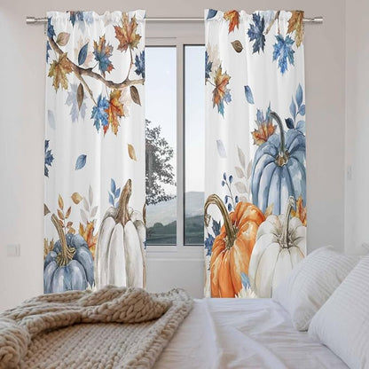 Navy Blue Pumpkin Fall Window Curtains 72 Inch Long 2 Panel Set, Rod Pocket - Image 4