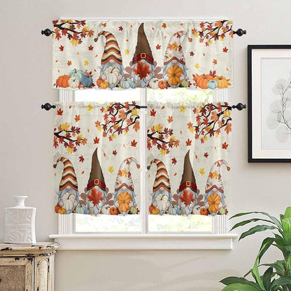 Fall Kitchen Curtain Set, Thanksgiving Gnomes Maple Leaf Pumpkin Beige Window - Image 2