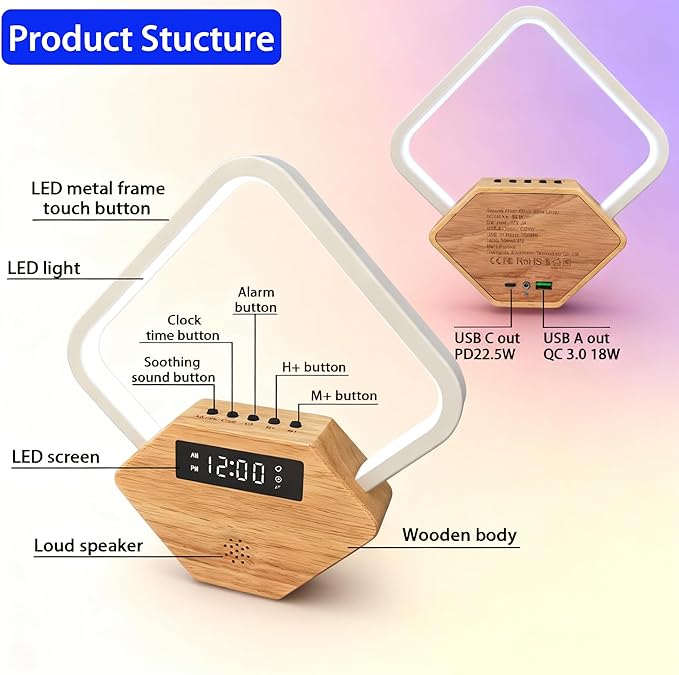 Wood Sunrise Alarm Clock with White Noise Machine 3 Color Night Light 15 Soothing Sounds Sleep Aid 30/60/90min Timer 10 Alarm Ringtones USB C PD Phone Charger Anniversary Birthday Gifts for Women Men