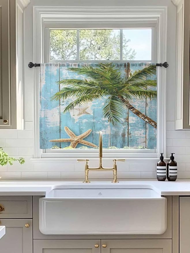 Sheer Curtains 54 Inch Length, Coastal Beach Blue Semi Sheer Curtains Light - Image 3