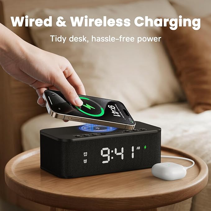 Fansbe Direct Digital Alarm Clock White Noise, Loud Digital Alarm Clocks Bedrooms, Alarm Clock Speaker Wireless Charger AUX USB Bluetooth Speaker 12/24H Dual Alarm Snooze Adjustable Brightness, Black