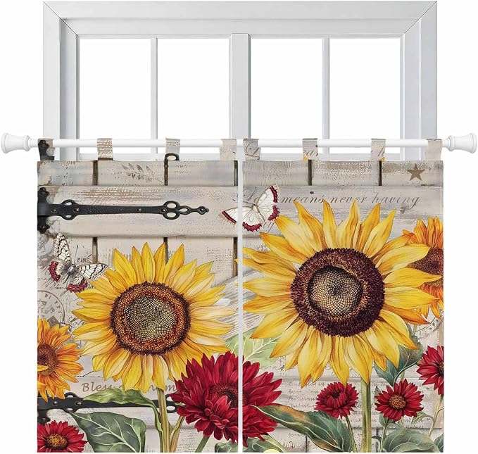 Red Yellow Sunflowers Kitchen Curtains 45 Inch Length, Short Cafe Window by Unknown