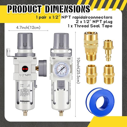 Tuanse Manual Drain 1/2" NPT Compressed Air Filter Regulator, Piggyback Combo - Image 2