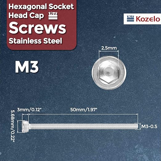 Kozelo 50pcs Socket Head Cap Screws - [M3-0.5 x 50mm] 304 Stainless Steel Allen Socket Drive for Electrical Motor 3D Printing Fan Engine Replacement Use, Silver