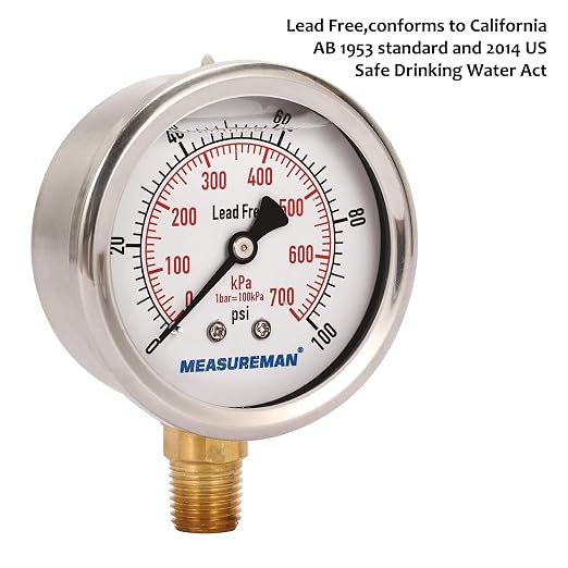 MEASUREMAN Lead-Free Pressure Gauge, 2-1/2inch Dial, Glycerin Filled, - Image 4