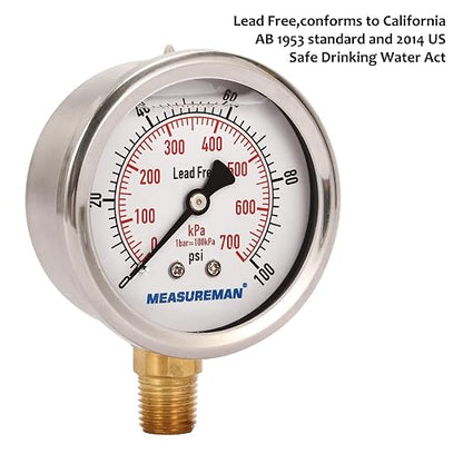 MEASUREMAN Lead-Free Pressure Gauge, 2-1/2inch Dial, Glycerin Filled, - Image 4