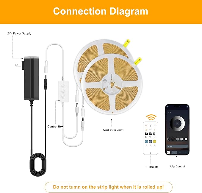 Pandery COB LED Strip Lights Warm White,24V Dimmable led Light Strip KIT with Remote and app Control,3000K 65FT/20m 8mm Wide Ra>90 Cuttable Flexible Strip Lights for Bedroom,Shelf,Cabinet