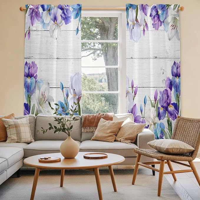 Spring Flowers Kitchen Curtains, Watercolor Garden Florals Wooden Grain Light - Image 3