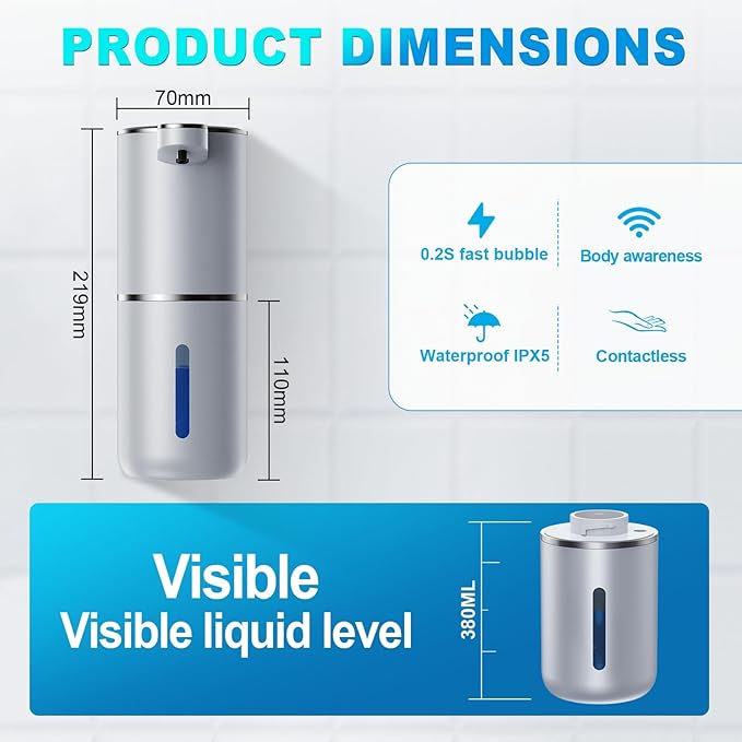 Automatic Foaming Soap Dispenser, 12.8oz/380ml Wall Mount Touchless Soap Dispenser with Sensor, 4-Level Adjustable, IPX5 Waterproof, USB Rechargeable for Bathroom, Kitchen