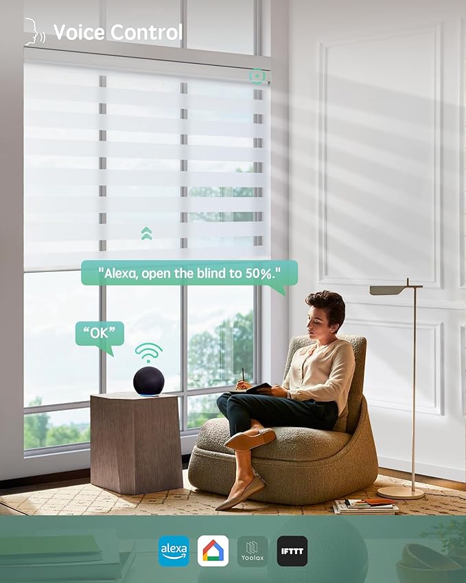 Yoolax Motorized Blinds with Remote, Electric Zebra Blinds for Indoor Windows, Room Darkening Smart Shades with Voice Control, Compatible with Alexa Google Home, APP Control, 52" W x 72" H, White