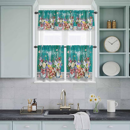 Spring Flowers Kitchen Curtain Set, Farmhouse Watercolor Teal Wood Grain Window - Image 9
