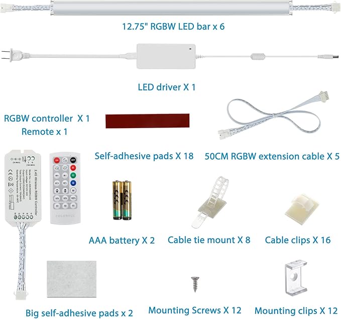 Under Cabinet LED Lights Kit. RGB Color Changing & Super Bright White Lighting. Dimmable with Remote. 6 pcs Linkable LED Light Strips with Power Supply, Extension Cords. Plug in. Max 24W. RGB + 5000K.