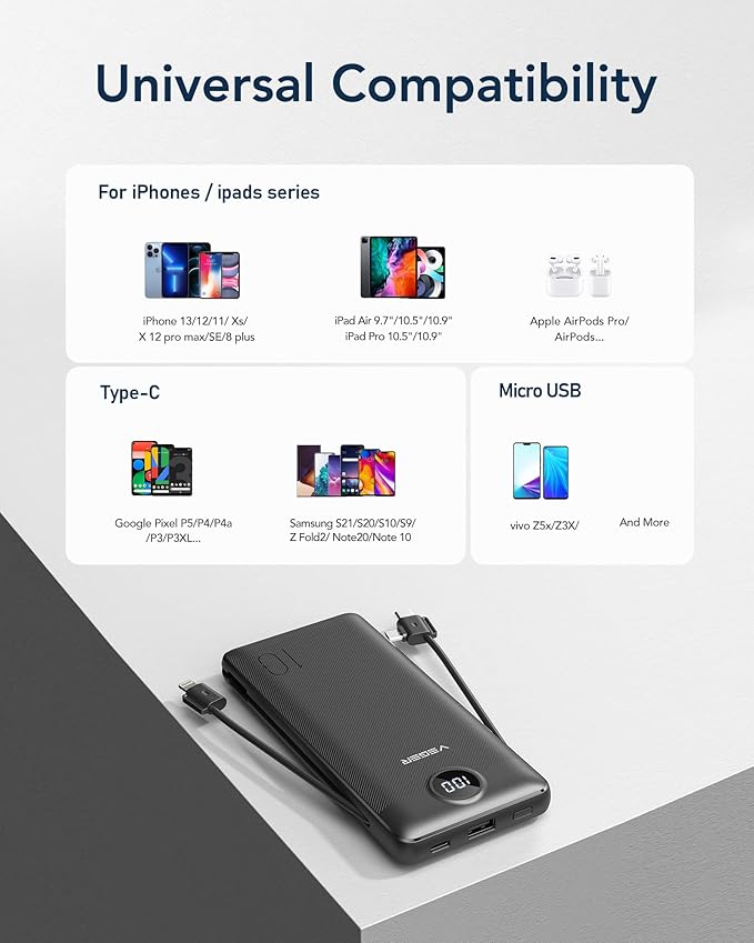 VEGER Portable Charger for iPhone Built in Cables and Wall Plug, 10000mah Slim Fast Charging USB C Power Bank, Travel Essential Battery Pack Compatible with iPhones, iPad, Samsung More Devices(Black)
