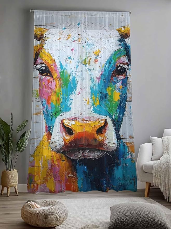 Sheer Curtains 108 Inches Long, Funny Colorful Cow Semi Sheer Curtains Light - Image 2