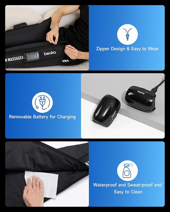 beoka Leg Massager for Circulation and Pain Relief, Leg Recovery System for Fast Recovery, Cordless Air Compression Boots with 3 Modes 5 Intensities for Athletes Runners and Travelers-L